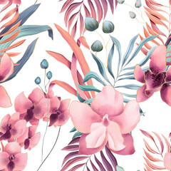 Tropical seamless pattern of watercolor palm leaves and orchid flowers in pastel colors - 733870720