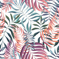 Seamless pattern of watercolor fern and palm leaves in pastel colors - 733870728
