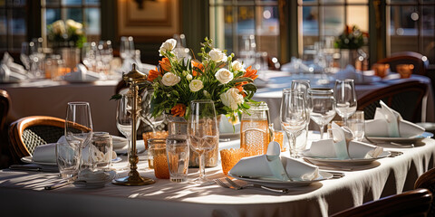 Fototapeta na wymiar Photo of the table in an elegant restaurant, covered with exquisite white dining room, with porcel