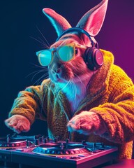 A vibrant and colorful image showing a rabbit dj, complete with sunglasses and a funky coat,...