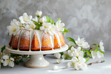 Obraz na płótnie Canvas Fresh Bundt Cake With Icing and Flowers on a Plate
