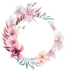 Round frame with watercolor pastel colored orchid flowers and ferns, copy space - 733870763