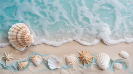 Seashells on the sandy beach. Sea view, pastel colors.