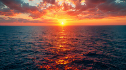 Sunset over the ocean, casting a fiery glow on clouds and water, with the horizon dividing the sea and the sky in warm colors