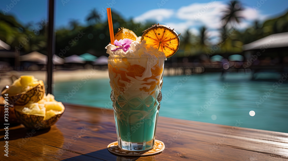 Poster Pina Kolada cocktail with coconut milk and pineapple juice, decorated with an umbrella against the