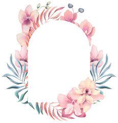 Frame with watercolor orchid flowers and fern leaves in pastel colors