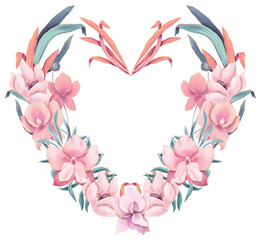 Heart shaped frame with watercolor orchid flowers in pastel colors, copyspace - 733871127