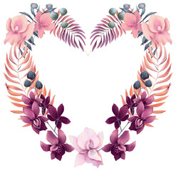 Heart shaped frame with fern leaves and orchid flowers in pastel colors, copy space - 733871177
