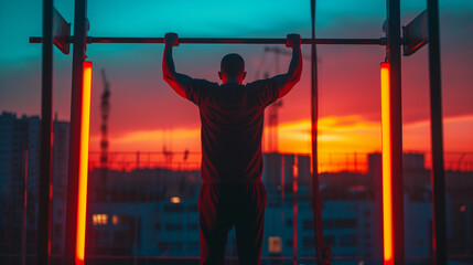 Cinematic photography man doing pull ups neon light sunset. Top of the building. 