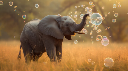 Baby elephant with soap bubbles coming out of its trunk. Nature funny concept. 