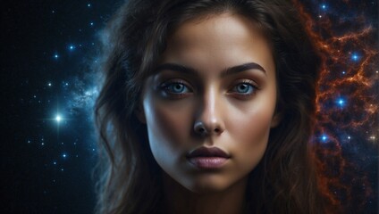 A portrait of a woman with eyes like galaxies, reflecting the vastness of the universe and the secrets it holds.
