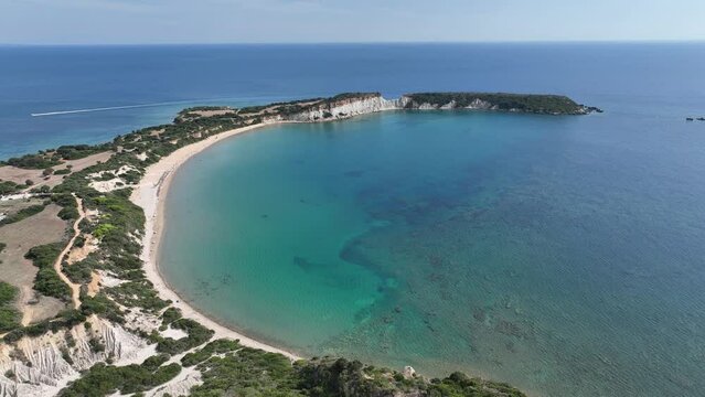 Aerial drone view of Jason's bite on Zakinthos island, Greece. Gerakas Beach. Zakynthos, at Cape Gerakas in Greece. Vasilikos Gerakas beach in Zante, Zakynthos.