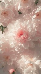Enchanting image of soft pink peonies in varying stages of bloom, forming a lush floral canopy with delicate shadows