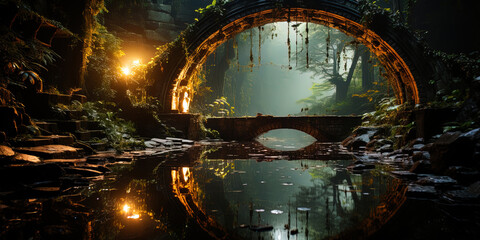 The bridge arch in the night light, reflected in the dark waters of the river, like the path to th