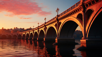 The bridge in the dawn rays: the morning sun stains the sky in shades of pink and orange, highligh