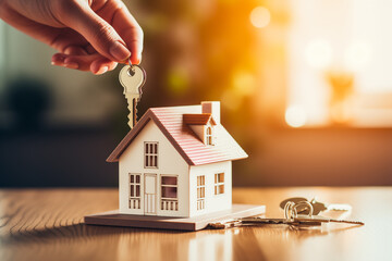 Female hand holding key of a new home, real estate concept, miniature house on a table with keys,