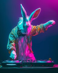 Person in a rabbit costume djing with vibrant lights creating an electrifying atmosphere at a party