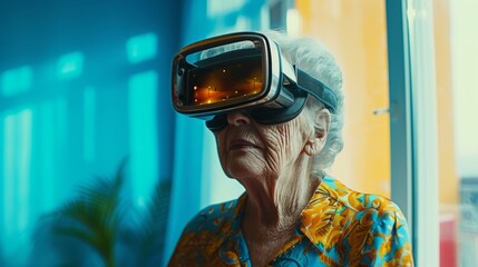 Elderly individual wearing a vr headset looking attentive and intrigued by the technology, indoors with blue tone