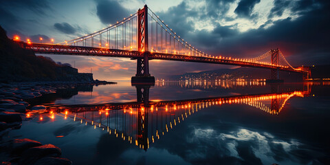 The evening reflection of the bridge in the surface of the water, creating an atmosphere of myster