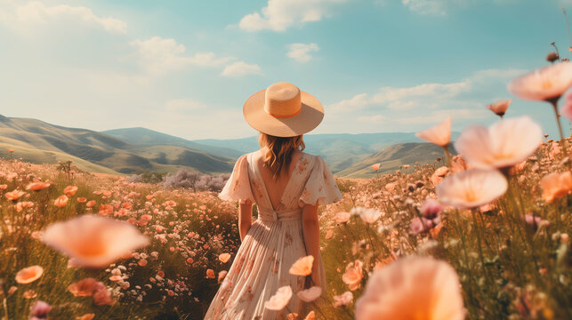 free woman freedom with a hat and dress on a flower filled field hill enjoying spring and the outdoors lifestyle season spring summer