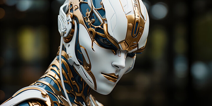 The elegant face of the robot with a unique synthetic skin reflecting the inner light world of the