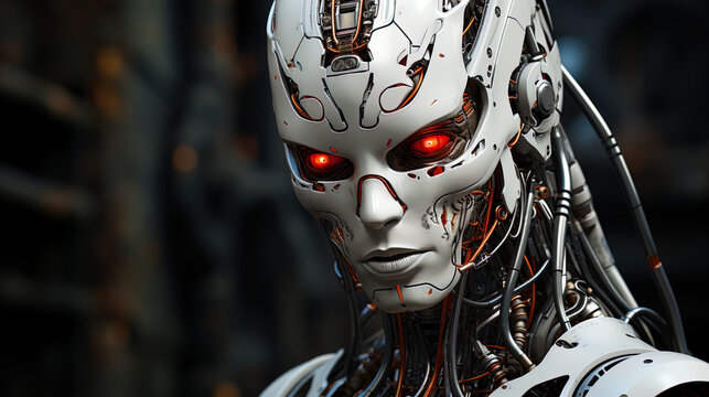 The face of the robot with a thin texture and sophisticated lines, like an architectural creation