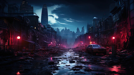 The futuristic neon garbage tank standing out against the backdrop of a night city creates a surre