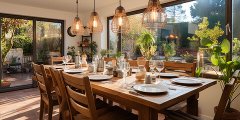 The kitchendining room with a large dining table and light shad