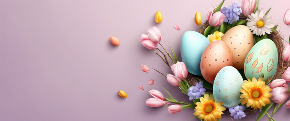 Fototapeta na wymiar Easter banner with beautiful painted eggs set on flowers. Concept of Easter egg hunt or egg decorating art