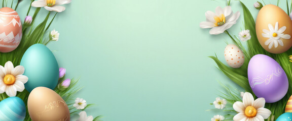 Naklejka na ściany i meble banner easter eggs background and flowers.