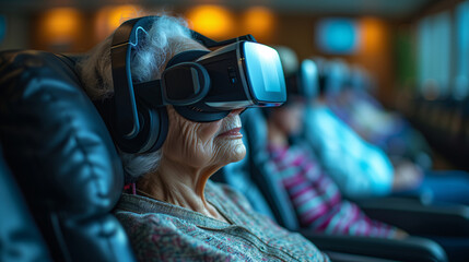 An elderly lady is deeply engaged in a virtual reality session, sitting comfortably in a public waiting area.