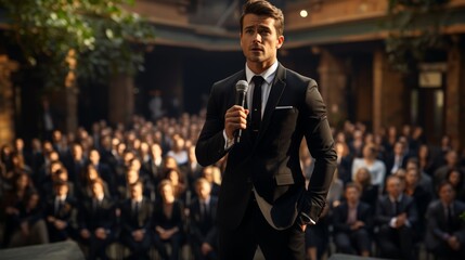 A businessman anchor standing in front of the public with a microphone.