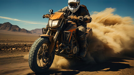 The motorized jumping motorcycle, raising the dust on the highway, demonstrating the courage and e