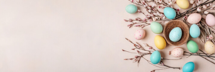 Flat lay Easter composition with a willow branch and eggs on a background with decor.