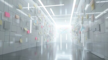 Bright futuristic corridor lined with floating sticky notes and reflections