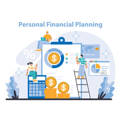 Personal Financial Planning concept. Navigating wealth management with strategic savings and investments. Customized fiscal advice for future security. Flat vector illustration.