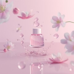 Obraz na płótnie Canvas Skincare cosmetic bottle floating in the air, flowers around, water drops, pink color background, minimalism, copy space, 