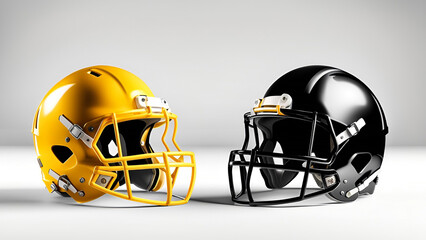 Fototapeta premium Black and yellow helmets by various sports equipment ,American footballs, hockey gear