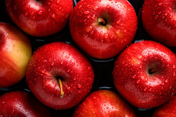 Red apples with water drops close-up, top view, background