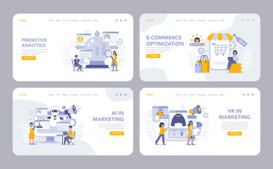 Innovation in marketing web or landing page set. Cutting-edge techniques in AI, predictive analytics, VR, and e-commerce enhancing customer journey and sales metrics. Vector illustration.