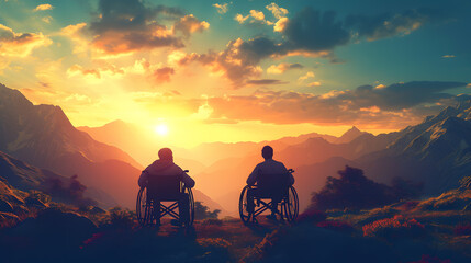 A pair of guys in wheelchairs looking at the sunset in the mountains