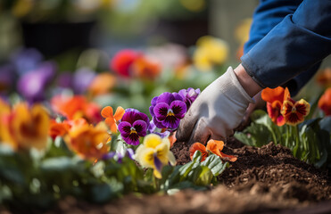 gloved hands planting flowers