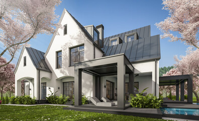 3d rendering of cute cozy white and black modern Tudor style house with parking  and pool for sale or rent. Fresh spring day with a blooming trees with flowers of sakura.