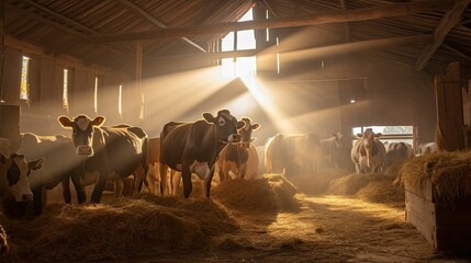 farmg cows in barn - obrazy, fototapety, plakaty