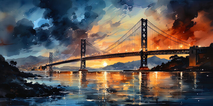 The watercolor picture of the bridge in the dark, with a harmonious combination of the lights of t