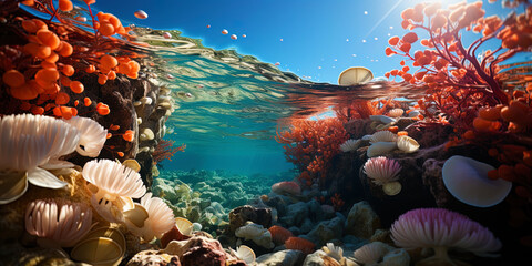 Underwater extravaganza: huge shells and soft coral branches surround an underwater landsca - obrazy, fototapety, plakaty