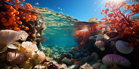 Foto op Canvas Underwater extravaganza: huge shells and soft coral branches surround an underwater landsca © JVLMediaUHD