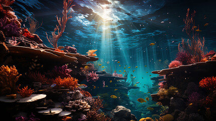 Underwater fairy tale: bright coral reefs come to life under water, filling the world with colors - obrazy, fototapety, plakaty