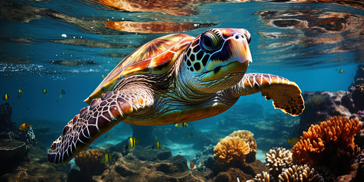 Fototapeta Underwater exotic: floating turtles surrounded by many bright fish create a unique pictur