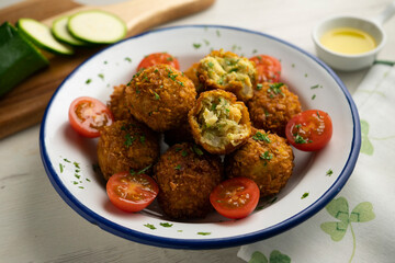 Spanish vegan chickpea croquettes with eggplant and zucchini.